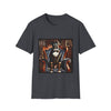 Dark heather gray dog t-shirt featuring boxer in brown period suit with cravat seated in ornate blue armchair.
