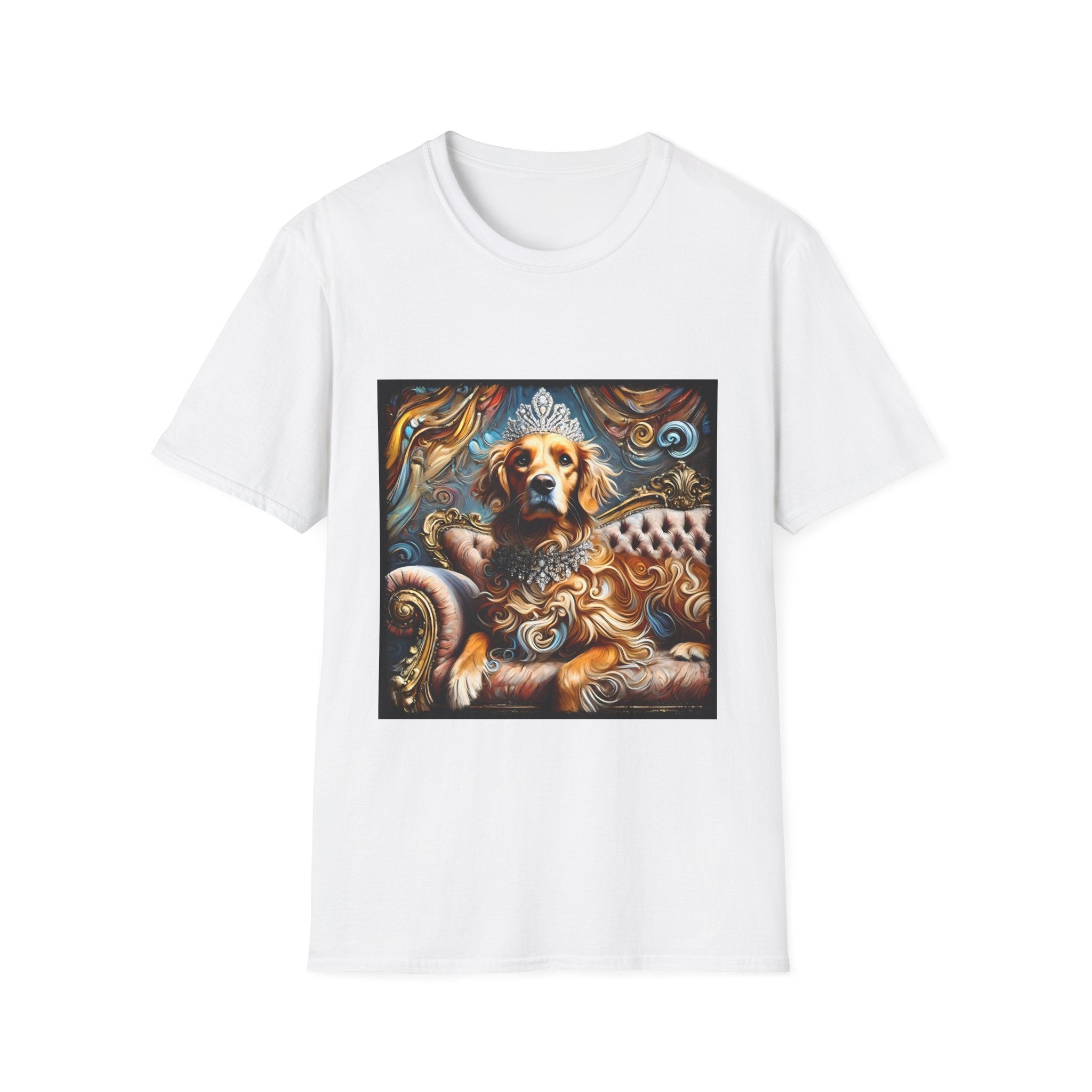 White dog t-shirt with golden retriever in crown and jewels on tufted settee, baroque-style backdrop.
