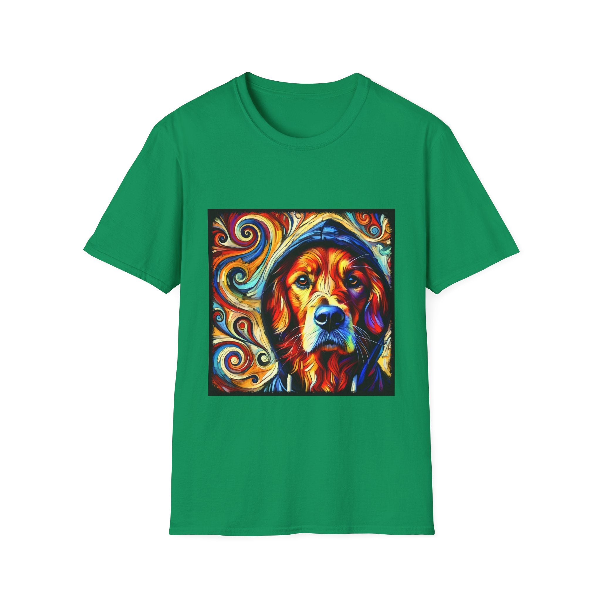 Kelly green dog t-shirt with golden retriever in blue hoodie, bold swirls in red, orange, and teal behind.