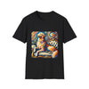 Black dog t-shirt featuring golden retriever with pink heart collar on colorful tufted settee.