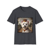 Dark heather gray dog t-shirt featuring regal Westie in gold crown and collar on palace terrace background.